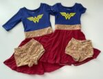 Custom dresses are so fun! These Wonder Woman theme dresses with to a couple of sisters. Visit my website to inquire about a custom order!